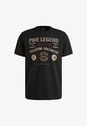 Schwarzes Baumwoll-T-Shirt mit fettgedrucktem weißen und goldenen Text sowie luftfahrtbezogenen Grafiken, Rundhalsausschnitt und kurzen Ärmeln.