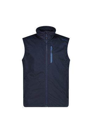 Dunkelblaue ärmellose Weste mit Reißverschluss, hohem Kragen und einer vertikalen Reißverschlusstasche auf der linken Brustseite.