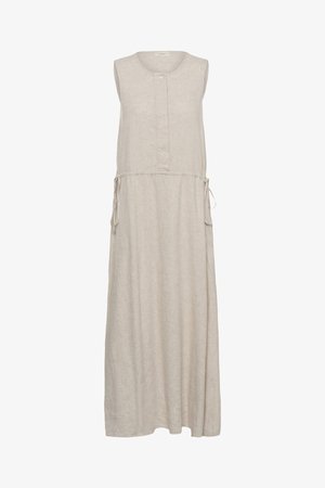 Mouwloze beige linnen maxijurk met ronde hals, knoopsluiting, zijstrik in de taille en een losse lange rok.