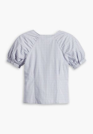 Lichtblauwe geruite blouse met pofmouwen, geplooide stiksels op de schouders en een ronde halslijn. De stof lijkt glad en geweven.