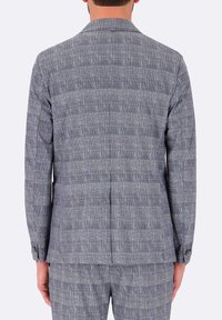 Giacca da abito a quadri grigia chiara e blu con collo a V, spacco dietro e polsini a due bottoni. La vista posteriore mostra la struttura e il dettaglio del tessuto.