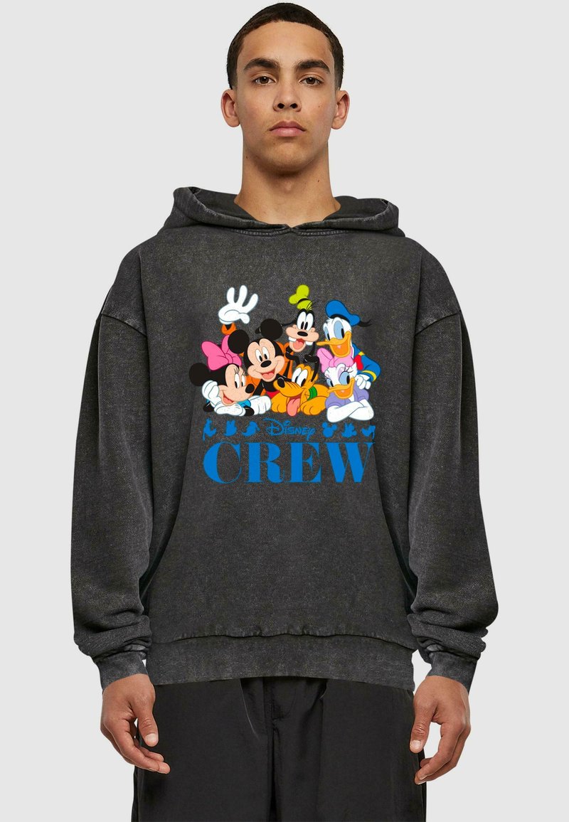 Ciemnoszara bluza z kapturem z kolorową grafiką Mikiego Mouse'a i jego przyjaciół, z napisem "Disney CREW" w niebieskim na dole. Wykonana z materiału bawełnianego.