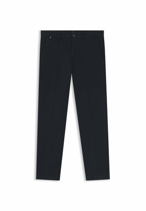 Heren donkerblauwe broek gemaakt van lichte stof. Voorzien van een knoopsluiting, riemlussen en twee zijzakken. Rechte pijpdesign.