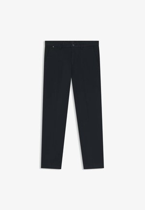 Herren-Hosen in dunklem Marineblau aus leichtem Stoff. Mit Knopfverschluss, Gürtelschlaufen und zwei Seitentaschen. Gerade Beinform.