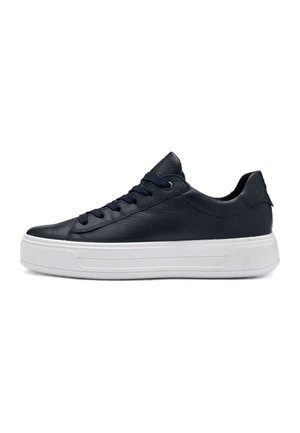 Navy leather sneakers with flat white rubber sole, rounded toe, and six navy lace eyelets. Smooth texture with minimal detailing.
