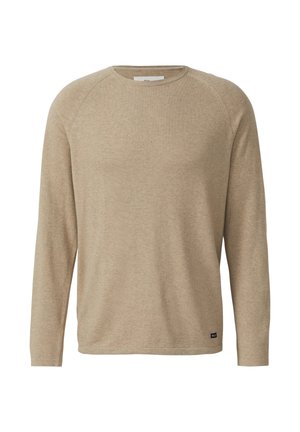 Beżowa koszula z długim rękawem, dekolt okrągły, lekka dzianina, rękawy raglanowe, subtelna tekstura, mała metka z logo na brzegu.