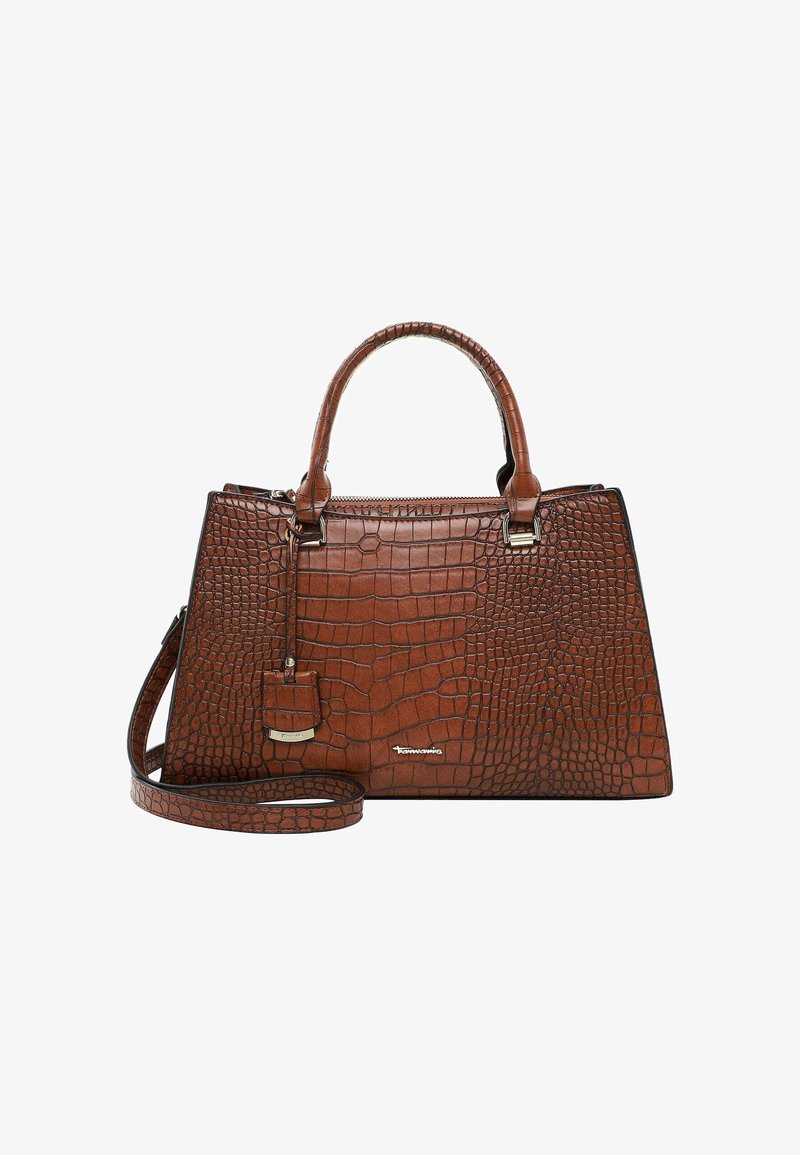 Brun faux krokodilleder håndtaske med struktureret form, top håndtag, aftagelig skulderrem og metal accenter.