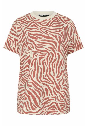 T-shirt a maniche corte con scollo a girocollo, con motivo a strisce zebrato beige e ruggine, vestibilità casual e etichetta del marchio LTS all'interno del colletto.