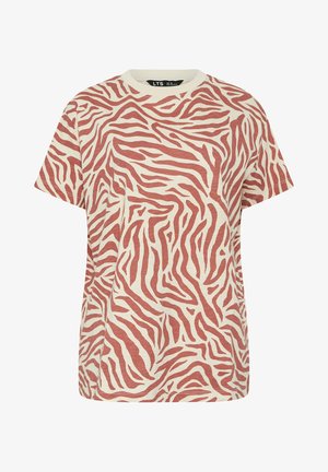T-shirt à manches courtes avec col rond, motif zèbre beige et rouille, coupe décontractée, et étiquette de la marque LTS à l'intérieur du col.