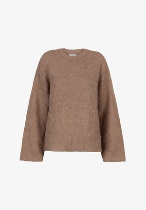 Bruine fuzzy trui gemaakt van een zachte stof. Heeft een ronde halslijn en lange, relaxte mouwen met een losse pasvorm.