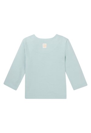 Long-sleeve shirt in light blue cotton fabric with a round neckline and a small brand label on the back neck area.