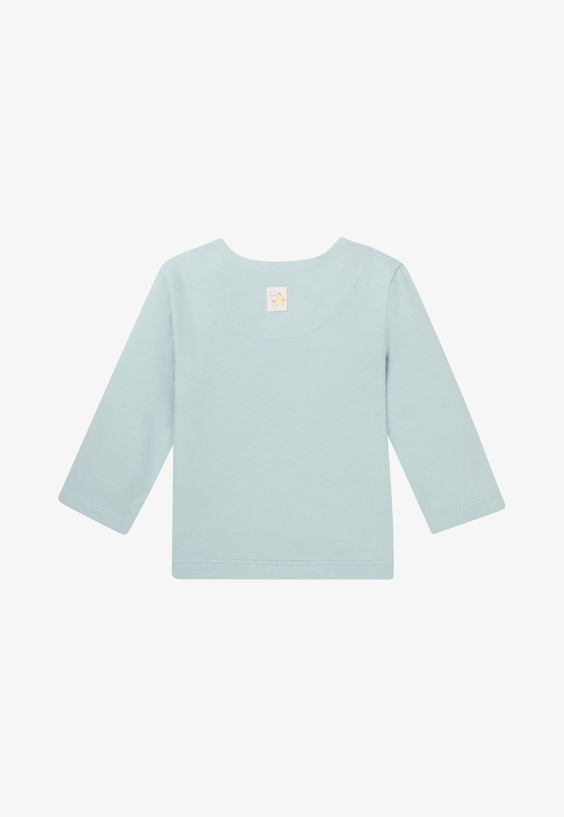 Langarmhemd aus leichtem blauen Baumwollstoff mit rundem Ausschnitt und einem kleinen Markenetikett im Nackenbereich.