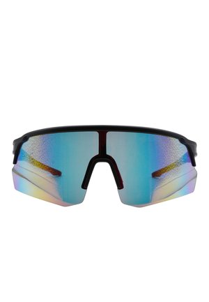 Occhiali da sole sportivi con montatura nera e grandi lenti specchiate blu e arcobaleno. Design curvo con un ponte nasale centrale a forma di taglio.