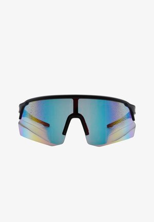 Occhiali da sole sportivi con montatura nera e grandi lenti specchiate blu e arcobaleno. Design curvo con un ponte nasale centrale a forma di taglio.