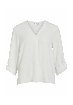 Hvit V-hals bluse med trekvart lange ermer. Myk, teksturert stoff med rullede mansjetter og en avslappet, løstsittende passform. Ingen synlige mønstre eller aksenter.