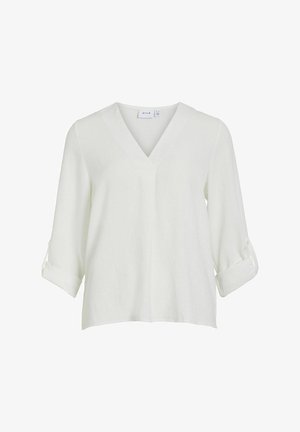 Balta V-veida blūze ar trim ceturtdaļu piedurknēm. Mīksts, teksturēts audums ar sarullētām piedurknēm un relaksētu, brīvu piegriezumu. Nav redzamu rakstu vai akcentu.