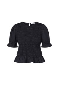 Sort kortærmet top med smocket liv, volangkant og en nøglehulbagdetalje. Fremstillet af letvægts, tekstureret stof.