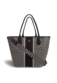 Taška přes rameno s černými koženými rukojeťmi, geometrickou béžovo-černou látkou, šedými a černými vertikálními pruhy a odnímatelným popruhem.