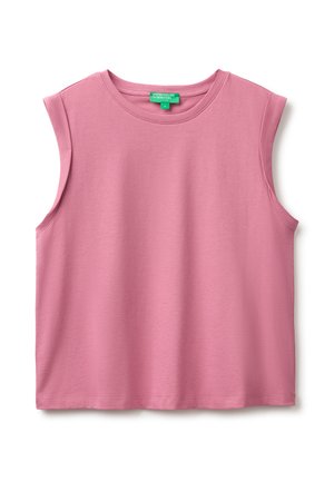 Top sans manches en coton rose mauve avec col rond et étiquette verte United Colors of Benetton à l'intérieur du col.