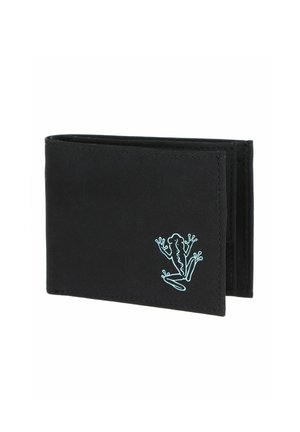 Portefeuille noir bi-fold avec un simple motif de grenouille bleu clair dans le coin inférieur droit à l'avant.