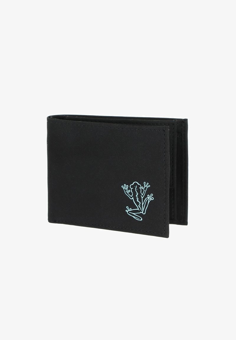 Portefeuille noir bi-fold avec un simple motif de grenouille bleu clair dans le coin inférieur droit à l'avant.
