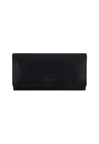 Cartera rectangular de cuero negro con cierre de solapa y sutil logotipo de la marca embellecido en el centro del frente.