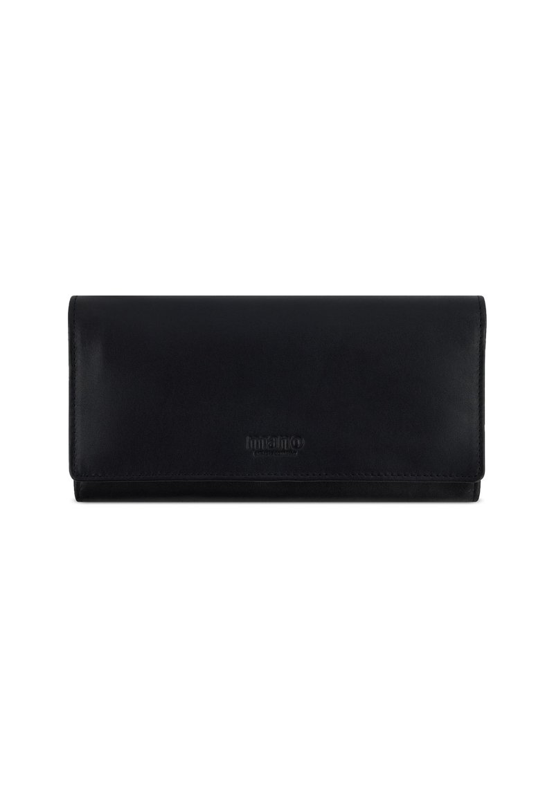Cartera rectangular de cuero negro con cierre de solapa y sutil logotipo de la marca embellecido en el centro del frente.