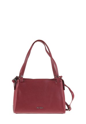 Red textured leather handbag with two shoulder straps, a zip closure, and a silver logo detail on the front. Rectangular shape, medium size.