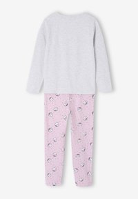 Gray long-sleeve top paired with pink leggings featuring a repeated pattern of cartoon cats and crowns, made from soft fabric.