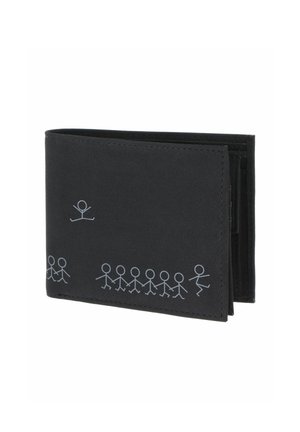 Black bifold wallet with gray stick figure chain design, one figure appears to be jumping above the others.