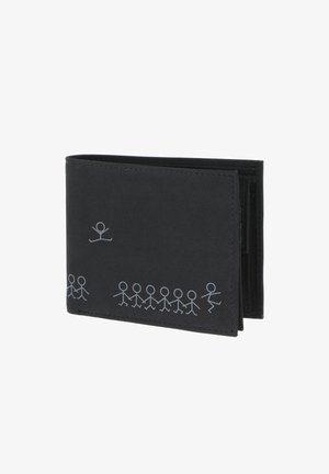 Portefeuille bifold noir avec motif chaîne de bonshommes gris, une figure semble sauter au-dessus des autres.