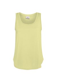 Camiseta sin mangas de color amarillo claro con escote redondeado, diseño sin mangas y ajuste holgado. Hecha de tela suave con un leve brillo.