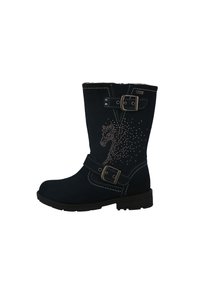 Botas de ante azul marino hasta la rodilla con dos hebillas decorativas, costuras blancas y un diseño de caballo brillante hecho de tachuelas metálicas.