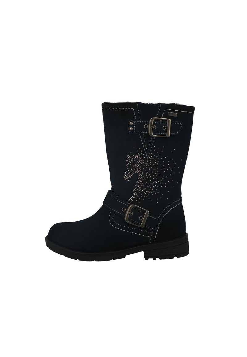 Botas de ante azul marino hasta la rodilla con dos hebillas decorativas, costuras blancas y un diseño de caballo brillante hecho de tachuelas metálicas.