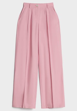 Pantalones rosa de tiro alto y pierna ancha con pinzas delanteras, bolsillos laterales, trabillas para cinturón y cierre con un solo botón en la cintura.