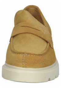 Suede slip-on shoe in light brown, featuring a wide strap across the upper, rounded toe, and a thick white rubber sole.