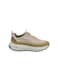 Beigefarbenen und braunen Sportschuh mit gepolstertem weißen Sohle, schwarzem Profil, Obermaterial aus Netzgewebe, Schnürverschluss und Zuglaschen an Ferse und Zunge.