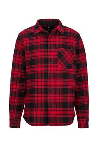 Rot-schwarz kariertes Flanellhemd mit langen Ärmeln, Knopfverschluss und einer linken Brusttasche mit einem Rautenmuster.