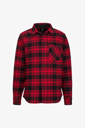 Rood-zwart ruitflanellen overhemd met lange mouwen, knoopsluiting en een borstzak aan de linkerkant met een diamantpatroon.