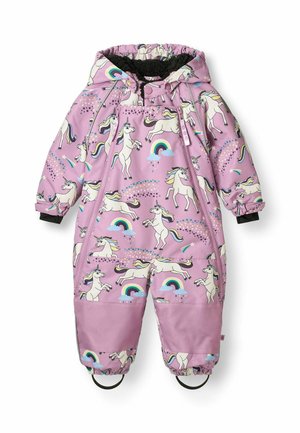 Combinaison de neige rose pour enfants avec imprimé licorne et arc-en-ciel, capuche, doublure en polaire noire, fermetures éclair avant et genoux renforcés.
