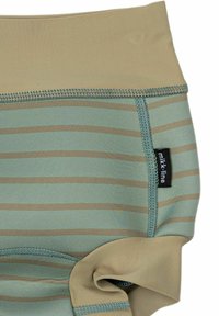 Costumi da bagno a righe in verde tenue e beige. Presentano una vita piegata, una superficie liscia e una piccola etichetta di marca nera.