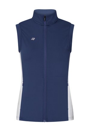 Navy blue sleeveless zip-up vest with white side panels and a small white logo on the left chest.