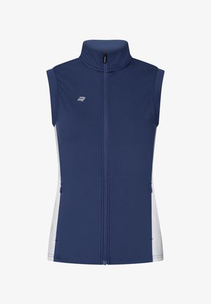 Navy blue sleeveless zip-up vest with white side panels and a small white logo on the left chest.