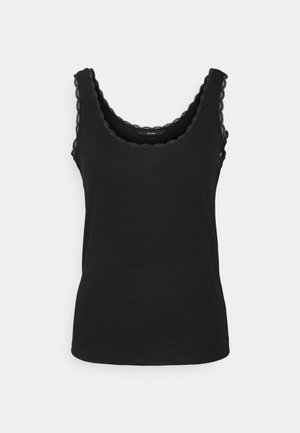 Black tank top featuring a scalloped neckline and straps. Made from soft material with a fitted shape and no visible patterns or hardware.