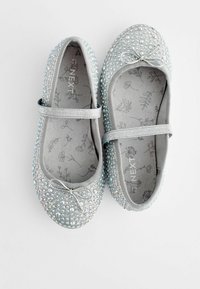 Bailarinas plateadas adornadas con piedras de colores, con un detalle de lazo y una correa elástica; suave forro interior con estampado floral.