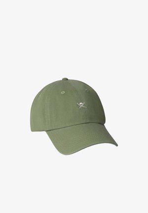 Olijfgroene baseballpet van katoen, met een gebogen klep, verstelbare achterband en een klein geborduurd logo aan de voorkant.