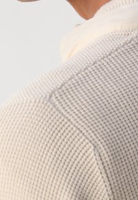 Cream-colored knit sweater with a textured pattern. Features a round neckline and is partially visible from the back, highlighting the shoulder area.