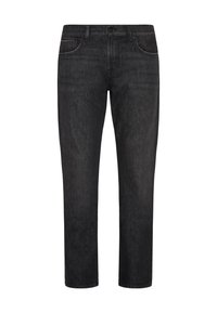 Schwarze Jeans aus Denim mit geradem Bein, fünf Taschen, sichtbaren Nähten und einem Knopfverschluss. Glatte Textur und gleichmäßige Farbe.
