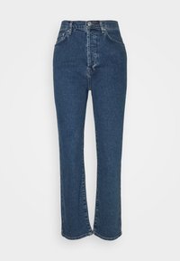 Jeans de mezclilla azul oscuro de talle alto con diseño de pierna recta, bolsillos delanteros, costuras sutiles y cierre clásico con botón y cremallera.