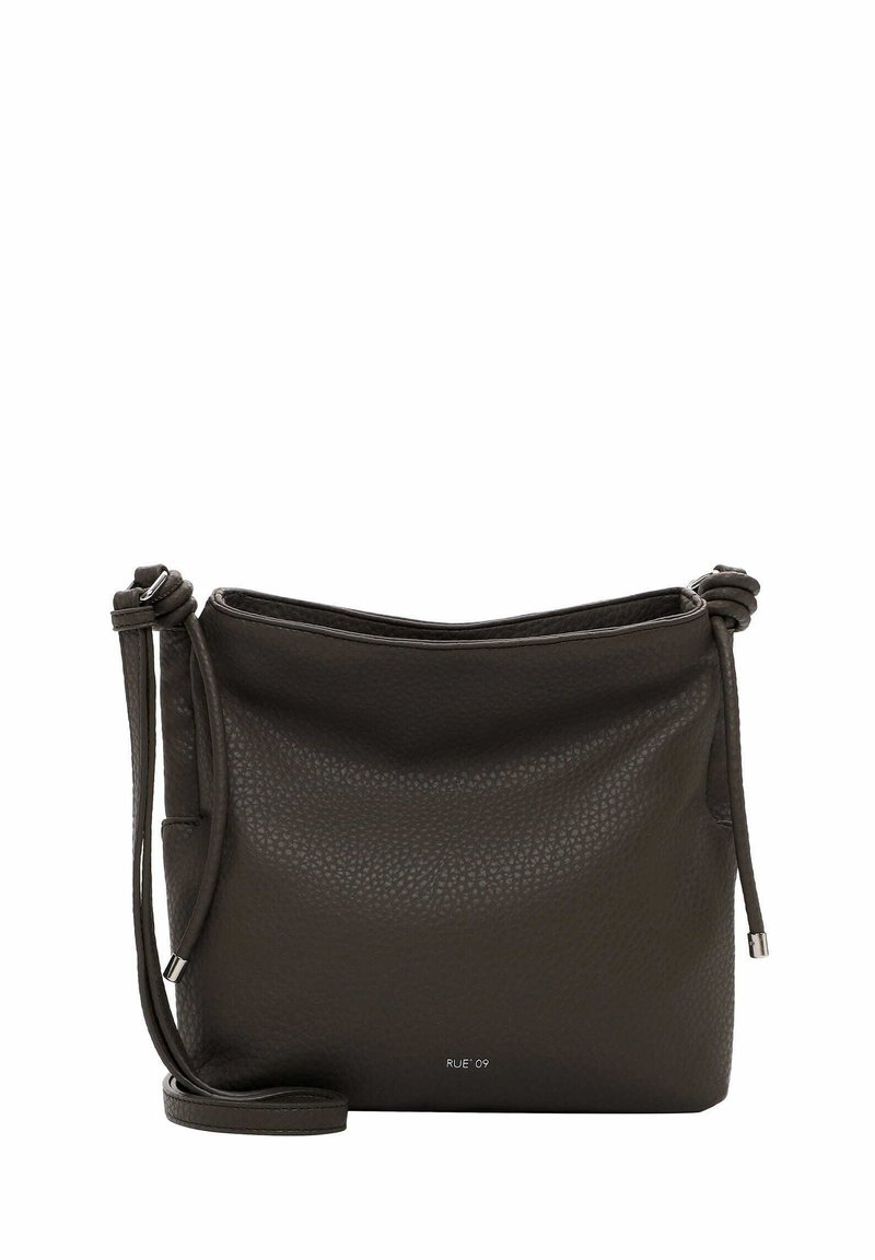Dark brown pebbled leather crossbody bag with a soft texture, knotted shoulder strap, and minimal branding on the front.